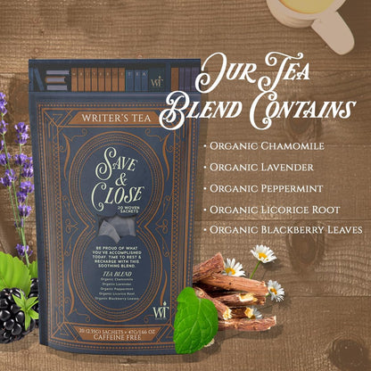 Writer's Tea Save & Close - Nighttime Tea - Chamomile, Lavender, Peppermint, Licorice Root, and Blackberry Leaves Tea Blend - Caffeine Free
