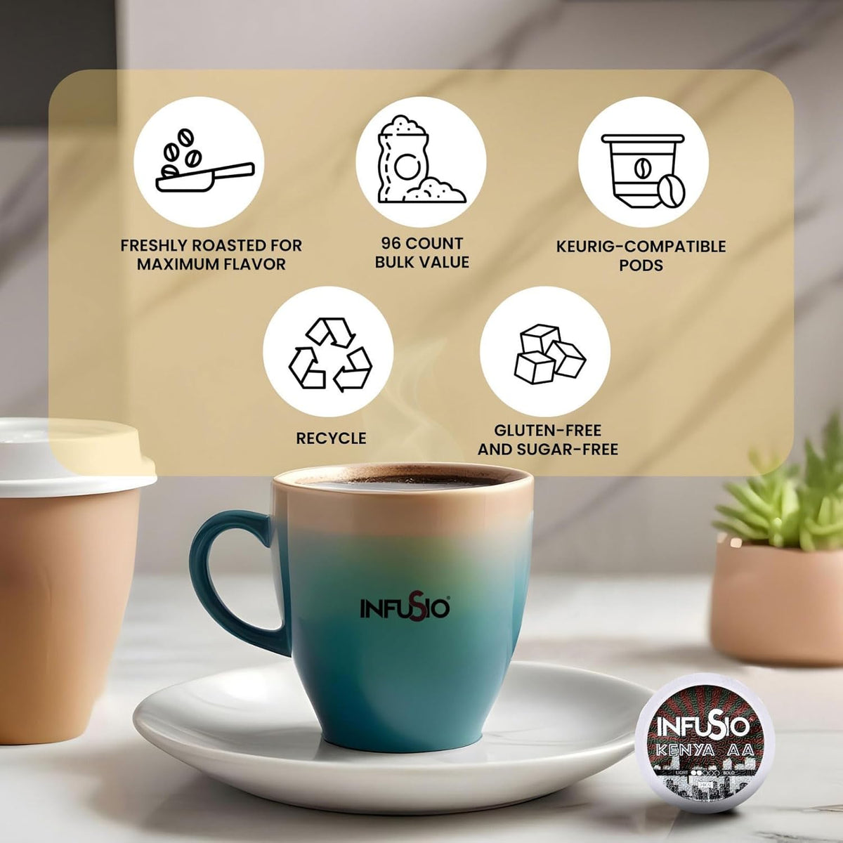 InfuSio Coffee Pods 96 Count Kenya AA Medium Dark Roast Single serve Coffee pods for Keurig K Cup® Brewers