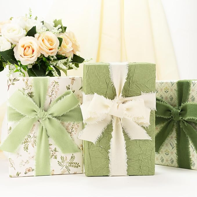 Green Cotton Ribbon 1 Inch Sage, Moss & Ivory 3 Rolls 21 Yards Frayed Edge Fabric Set for Boho Rustic Wedding Invitations, Bridal Bouquets, Gift Wrapping, DIY Crafts, Spring Home Decor