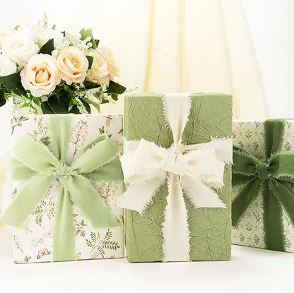 Green Cotton Ribbon 1 Inch Sage, Moss & Ivory 3 Rolls 21 Yards Frayed Edge Fabric Set for Boho Rustic Wedding Invitations, Bridal Bouquets, Gift Wrapping, DIY Crafts, Spring Home Decor