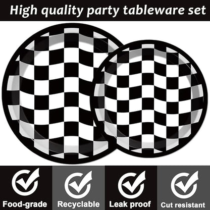 96PCS Race Car Birthday Party Decorations Black and White Checkered Plates Sports Themed Table Supplies Decorations Racing Dessert Plates Napkins Forks for 24 Guests Racing Car Birthday Party Favors