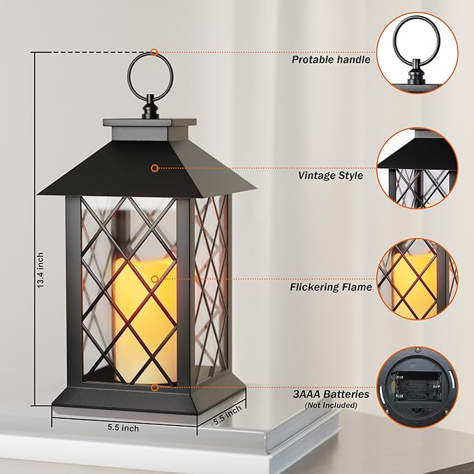 13.4" Lanterns Decorative Indoor, Black Lantern Decor with Timer Flickering Candle, Diamond-shaped Outdoor Lanterns, Waterproof Hanging Lantern for Patio, Porch, Entryway, Centerpieces, 2 Pack