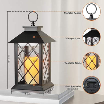 13.4" Lanterns Decorative Indoor, Black Lantern Decor with Timer Flickering Candle, Diamond-shaped Outdoor Lanterns, Waterproof Hanging Lantern for Patio, Porch, Entryway, Centerpieces, 2 Pack