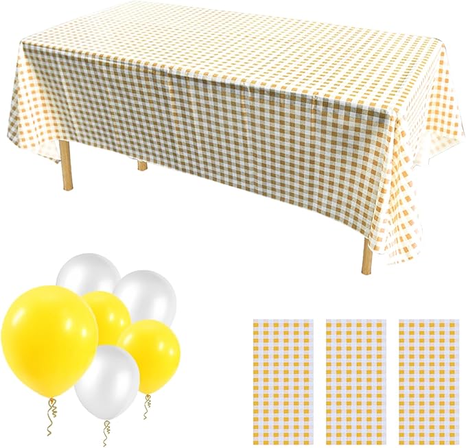 ZJDHPTY 3Pack Plastic Table Cloth Disposable, Yellow Checkered Tablecloth for Picnic Winnie The Pooth Bee Sunflower Birthday Party Decorations Size 54x108 Inch (Yellow+White Checker)