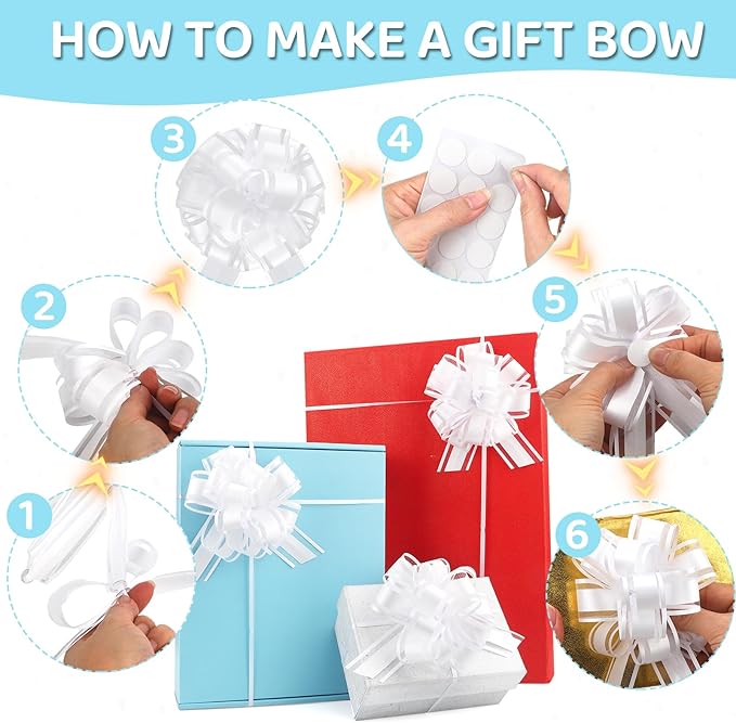 24pcs White Pull Bow for Gift Basket Wrapping Xmas Gift Bows Presents Adhesive Wrap Ribbon Bow for Christmas Tree Ornament Wine Bottles Bouquet Flower Valentine's Day Party Decor (White-G)