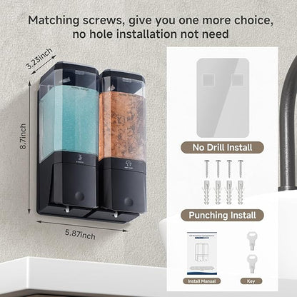 Shower Soap Dispenser Wall Mounted Shower Dispenser 2 Chamber No Drill Shampoo and Conditioner Dispenser Refillable Shampoo Dispener for Shower 2 * 500ml for Bathroom Hotel (Black 2 Chamber)