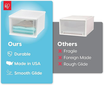 IRIS USA 17 Qt. Medium Plastic Stacking Drawer, Stackable Storage Organizer Unit with Sliding Drawer for Bedroom Kitchen Under Sink Pantry Craft Room Dorm Office, White, 4-Pack