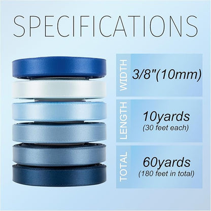 Blue Satin Ribbon 3/8 Inch x 60Yds Assorted Royal, Navy, Light, Dusty Blue Double Faced Satin Ribbon Set for Gift Wrapping, Flower Bouquet, Wedding Invitation, Baby Shower Decor, Hair Bows & Crafts