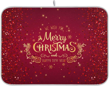 Merry Christmas Drying Mat for Kitchen Counter 16x18 Inch Christmas Dish Mat with Absorbent Reversible Microfiber Christmas Dish Drying Mat Dish