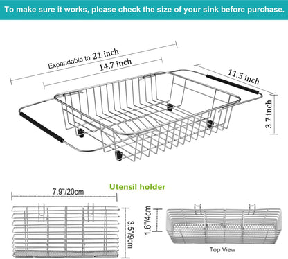 iPEGTOP Expandable Dish Drying Rack Organizer and Utensil Cutlery Holder, 304 Stainless Steel Over Sink Dish Rack, Dish Drainer in Sink or On Counter, Rustproof