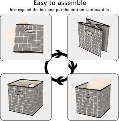Yunkeeeper storage bins Cubes, Fabric Cube Organizer with Handle, Foldable Cube Bins for Cloth or Accessary Storage, 11x11x11, Set of 3,(Grey grid)