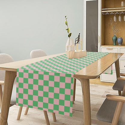 Retro Checkered Table Runner, Cute Pink Green Checkerboard Vintage Hippie Modern Aesthetic Table Runner for Party Kitchen Dining Home Outdoor Banquet 13x60in