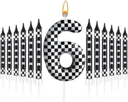 13 Pcs Racing Cars Themed Birthday Candles 12 Black and White Race Number 6 Checkered Candle Cake Topper for Racing Car Party Decoration Supplies (Number 6)