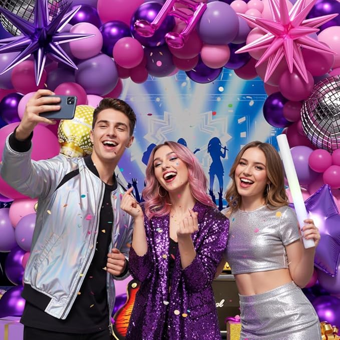 K-Pop Music themed Birthday Decorations 160Pcs, Hot Pink Metallic Purple Balloon Garland Arch Kit with Disco Notes Star Foil Balloons for Girls Fans Birthday Grad Prom Princess Party Decor