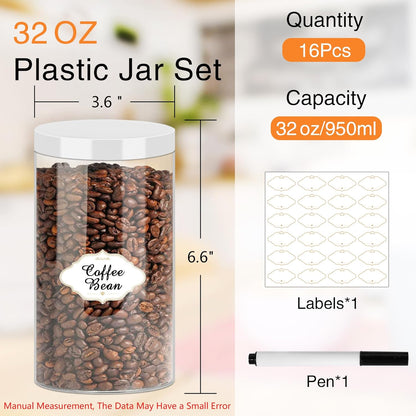 32 OZ Plastic Jars,16 Pcs Clear Plastic Jars with White Lids Round Empty Storage Jar Wide Mouth Refillable Storage Container with Lids for Household