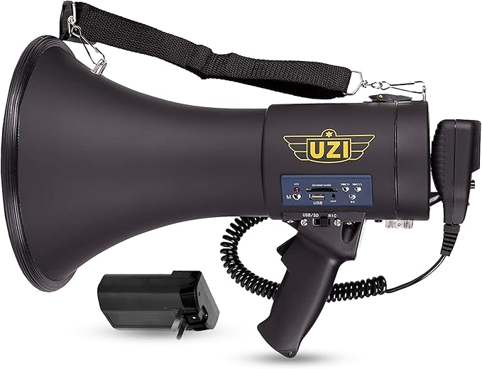 Uzi High Power Loud Big Bluetooth Megaphone 50W, Professional Bullhorn Megaphone Used by First Responders, Police & Agencies, Rechargeable Battery, PA System, Outdoor Activitie