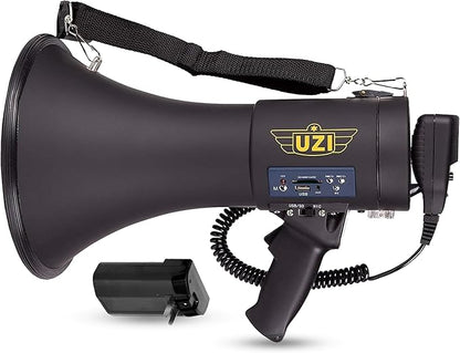 Uzi High Power Loud Big Bluetooth Megaphone 50W, Professional Bullhorn Megaphone Used by First Responders, Police & Agencies, Rechargeable Battery, PA System, Outdoor Activitie