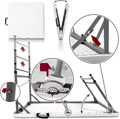 4FT Folding Table Height Adjustable Fold in Half Portable Utility Table with Handle, Lightweight Plastic HDPE Folding Table for Indoor Outdoor Picnic, Party, Camping Use (White)