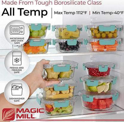 Magic Mill Premium Borosilicate Glass Food Storage Containers with lids Set | 24pc Sets with 12 Bowls & 12 Airtight Locking Lids for Lunch & Meal Prep, Safe for Oven, Freezer, Dishwasher, BPA-Free