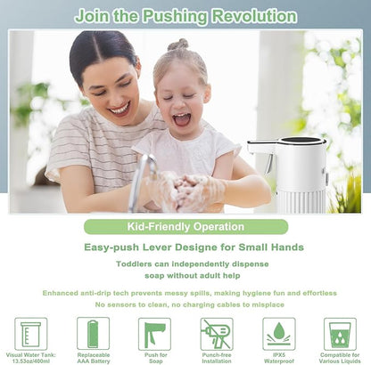 Push-Activated Automatic Soap Dispenser, Continuous Flow Control 400ml Large Capacity AA Battery Powered Waterproof Adjustable Volume Soap Dispenser for Bathroom & Kitchen(Liquid)