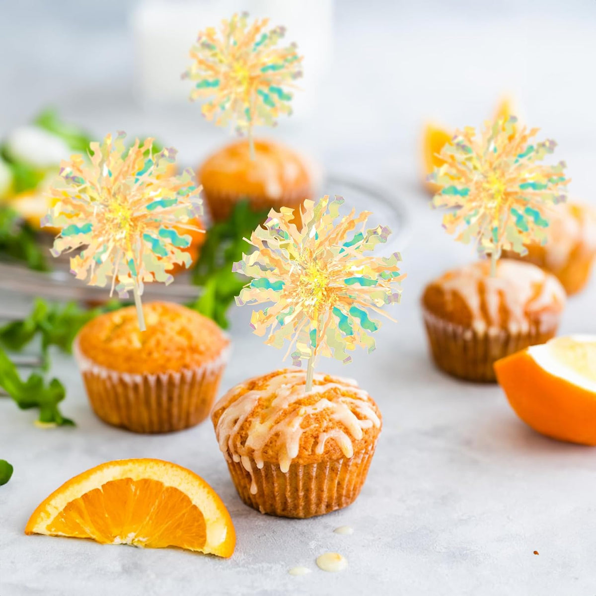 Ephlyn 30Pcs Foil Firework Cupcake Toppers Sparkle Tinsel Drink Birthday Cake Decorations Cocktail Food Fruit Toothpick for New Years Wedding Birthday Party Decorations Yellow