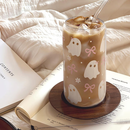 Halloween 16oz Can Glass Tumbler with Acrylic Lid & Straw, Iced Coffee Cup for Women Girls, Aesthetic Cups Gifts for Party