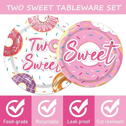 ZOIIWA 96 Pcs Two Sweet Donut Birthday Party Supplies Girls Donut Themed Tableware Table Decor Baby Girl 2nd Birthday Paper Plates Napkins Disposable Dinnerware Party Favor for Baby Shower 24 Guests