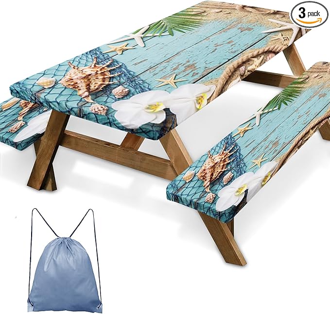 Picnic Table Cover with Bench Covers Elastic Edges, Beach Ocean Fitted Table Cover, Outdoor Patio Camping Essentials 72 Inch 3PCS, Waterproof Camping Fitted Tablecloth with Drawstring Bag