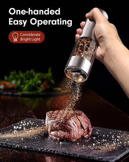 TOMEEM Upgraded Larger Capacity Electric Salt and Pepper Grinder Set Rechargeable with LED lights, Stainless Steel Automatic Pepper and Salt Grinder Refillable with 5 Adjustable Coarseness