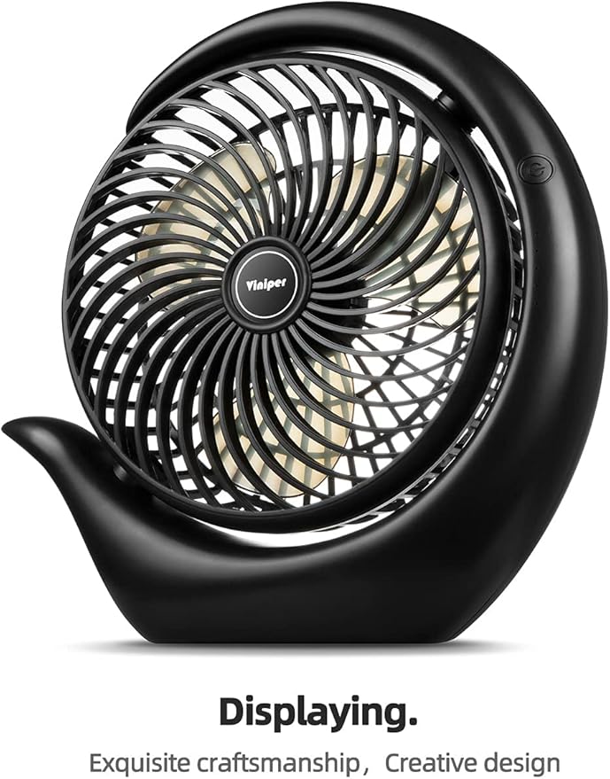 Viniper 8.7 inch Portable Rechargeable Fan, Small Table Fan : 180 Rotation and 3 Speeds Strong Wind Quiet Desk Fan, Long Working Hours for Home Outdoor (Black, Light Black Blade)