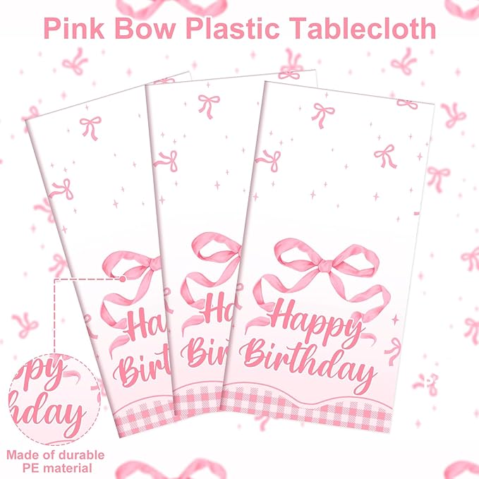 NatNarr 3 Pack Coquette Pink Bow Plastic Tablecloth, 54 X 108Inch Disposable Happy Birthday Table Cloth for Rectangle Tables Waterproof Table Cover for Girls Bridal Wedding Birthday Party