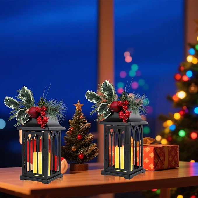 Christmas Decorative for Home, 15.7" Outdoor Large Lanterns Waterproof Christmas Decor Lanterns Decorative Hanging Lantern for Fireplace Table Centerpieces, Porch, Patio Black