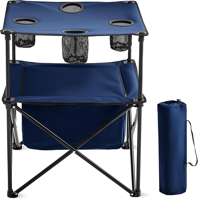 Portable Outdoor Folding Camping Table with 4 Cup Holders & Cooler Compartment, Waterproof Picnic Table for Picnic, BBQ, Beach, Hiking (Dark Blue, 1 PCS)