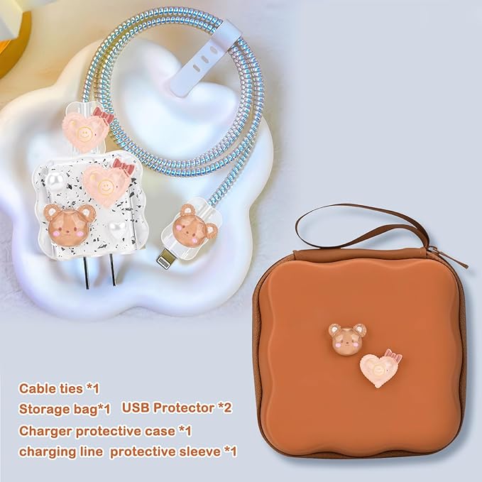 CameCosy Phone Charger Storage Case Cover Sets with Cable Protector for iPhone Charger, Brown Wave Travel Storage Bag, Wire Saver Cable Organizer Soft Cute DIY Cable Protector (Love Bear)
