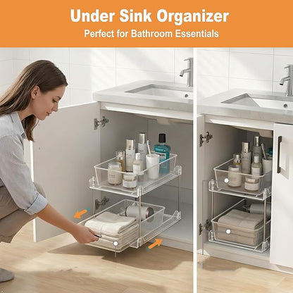 2 Pack Bathroom Organizer,2 Tier Clear Under Sink Organizers Vanity Countertop Storage Container,Cabinet Drawers Bins, Pull-Out Organization with Track for Pantry, Kitchen