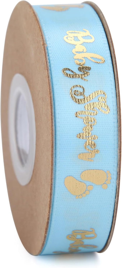 Meseey 20 Yards Baby Ribbon Foot Print Blue and Gold Ribbons for Crafts Cake Baby Shower Birthday,Gift Wrapping, Party Decoration (2 roll Blue)