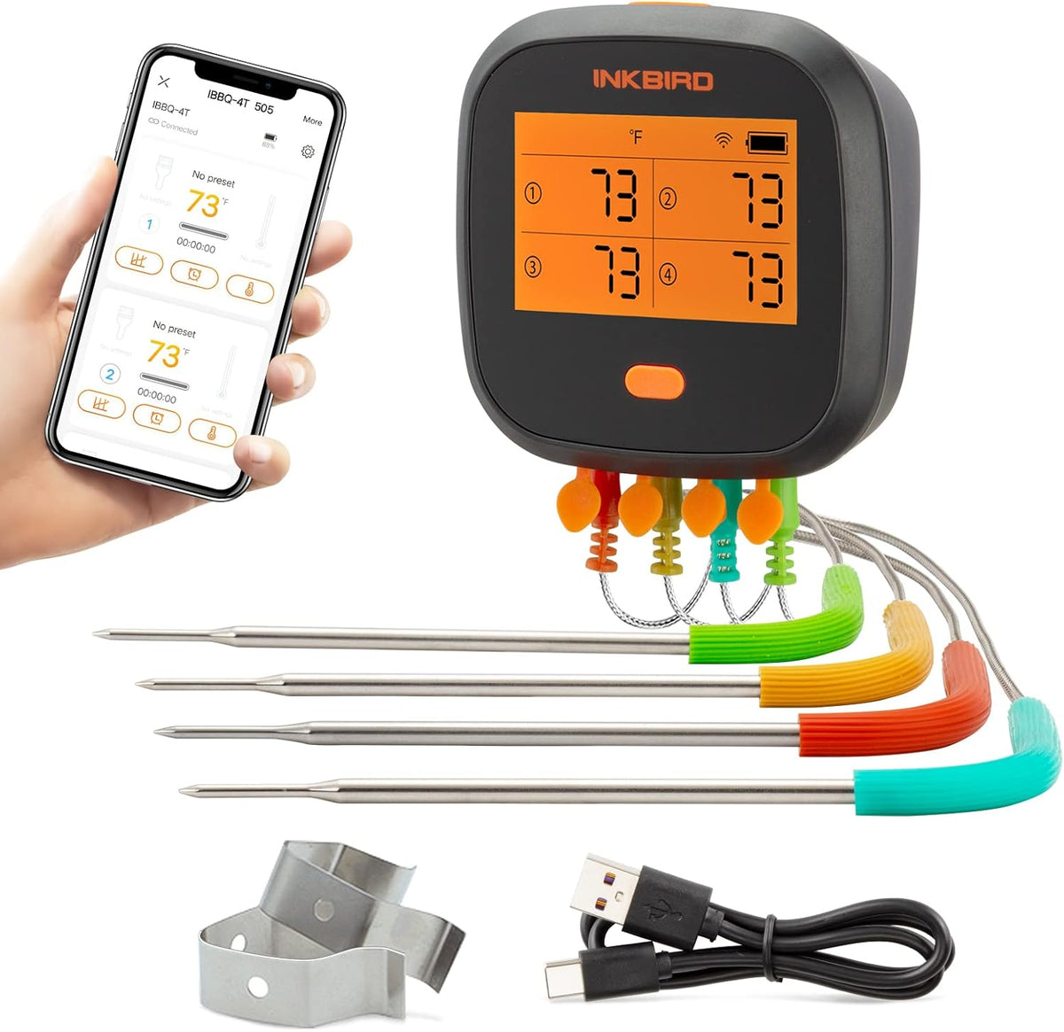 Inkbird WiFi Meat Thermometer for Grilling, Unlimited Rang Rechargeable BBQ Thermometer APP Calibration, Temp Graph Mobile Notification