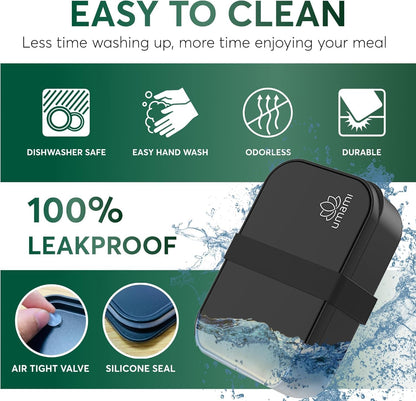 Umami Bento Box Adult All-in-1 w/ 4 Utensils, 100% Leakproof, Dishwasher & Microwave Safe Lunch Containers for Adults w/ 4 Compartments, Black, 34 oz