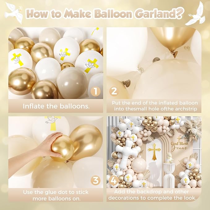 First Communion Balloon Garland Kit 153Pcs, Baptism Balloon, White Sand Gold Nude Bautizo Balloons Arch Kit for First Holy Communion Baptism God Bless Christening Party Birthday Supplies
