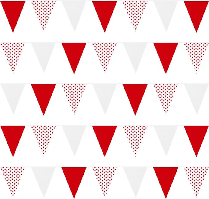 Zwiebeco 39Ft Red White Dot Fabric Bunting Banner Triangle Flags Cotton Garland Pennant for Birthday Wedding Engagement Carnival Party Classroom Nursery Home Outdoor Garden Decorations
