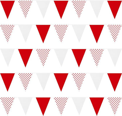 Zwiebeco 39Ft Red White Dot Fabric Bunting Banner Triangle Flags Cotton Garland Pennant for Birthday Wedding Engagement Carnival Party Classroom Nursery Home Outdoor Garden Decorations