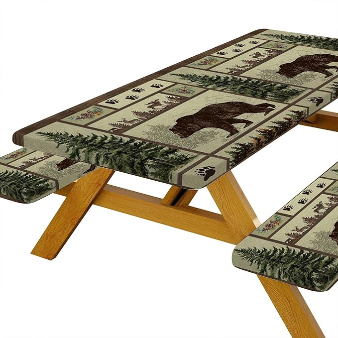 JAWO Picnic Table Cover with Bench Covers Rustic Bear Pattern Waterproof Windproof Fitted Outdoor Patio Camping Rectangle Tablecloth 72x30 Inch Elastic Edges
