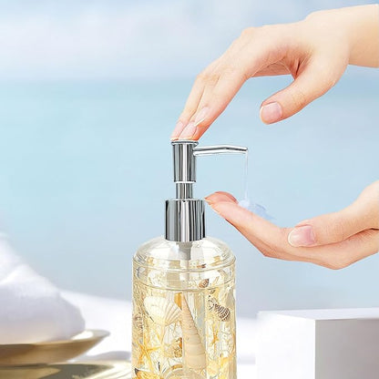 FONMY Soap Dispenser with Pump Acrylic w/Nature Seashell Handmade Bathroom Hand Soap Dispenser, Kitchen Refillable Liquid Dispenser for Soap,Dish Soap, Lotion (Milkly White)