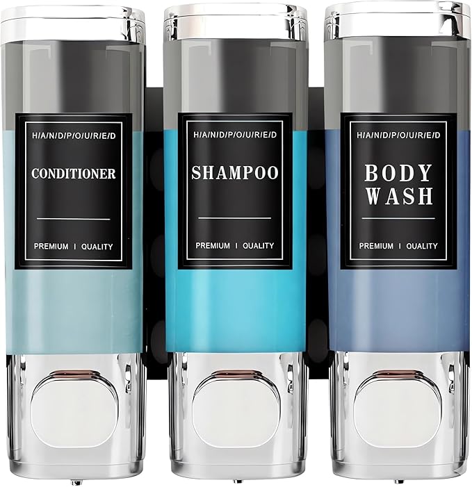 Shampoo and Conditioner Dispenser, No Drill 3 Chamber Shower Soap Dispenser, Wall Mount Refillable Shampoo Conditioner Body Wash Dispenser for Bedroom Hotel