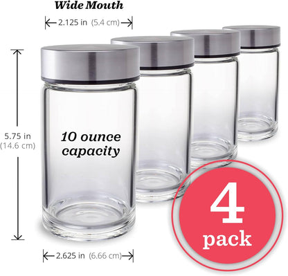 Juice Bottles - 4 Pack Wide Mouth Glass Bottles with Lids - for Juicing, Smoothies, Infused Water, Beverage Storage - 10oz, BPA Free