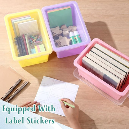 10 Pcs Cubby Bin with Clear Latching Lid Label Sticker Colored Plastic Stackable Book Storage Container for Classroom Office Home Sorting Arts Craft Desk Organizer(Macaron)