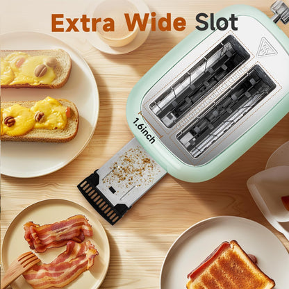 Aigostar Toaster 2 Slice Retro Toaster Stainless Steel, 1.6 inch Extra Wide Slots Bread Toaster Bagel, Cancel, Defrost Function, 6 Shade Settings & Removable Crumb Tray for Bread Waffle, Aqua Green