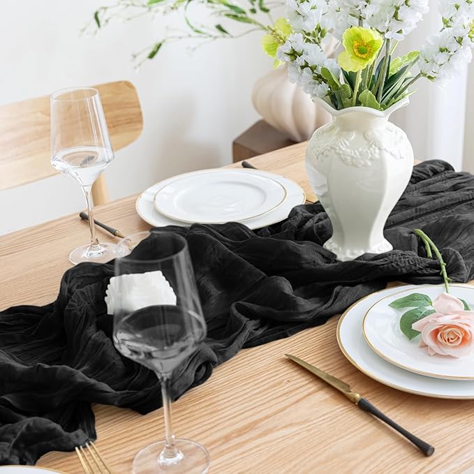 Asee'm 2pcs Cheesecloth Table Runner 120 Inches Long Black Boho Gauze Cheese Cloth Runner 10FT Rustic Sheer Table Runners for Valentine's Day Wedding Party Baby Shower Spring Easter Decoration