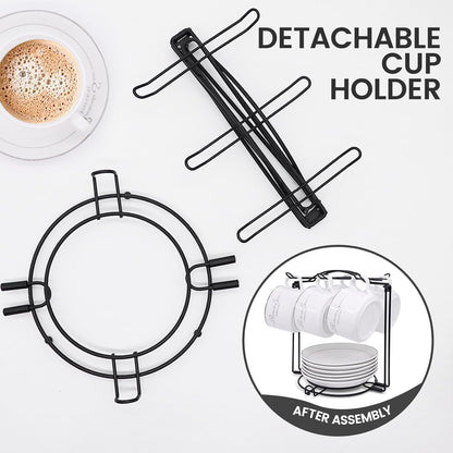 Tea Cups Holder,Black Metal Coffee Cup Tea Cups Rack,Foldable Organizer for Coffee Cup Spoon and Saucers