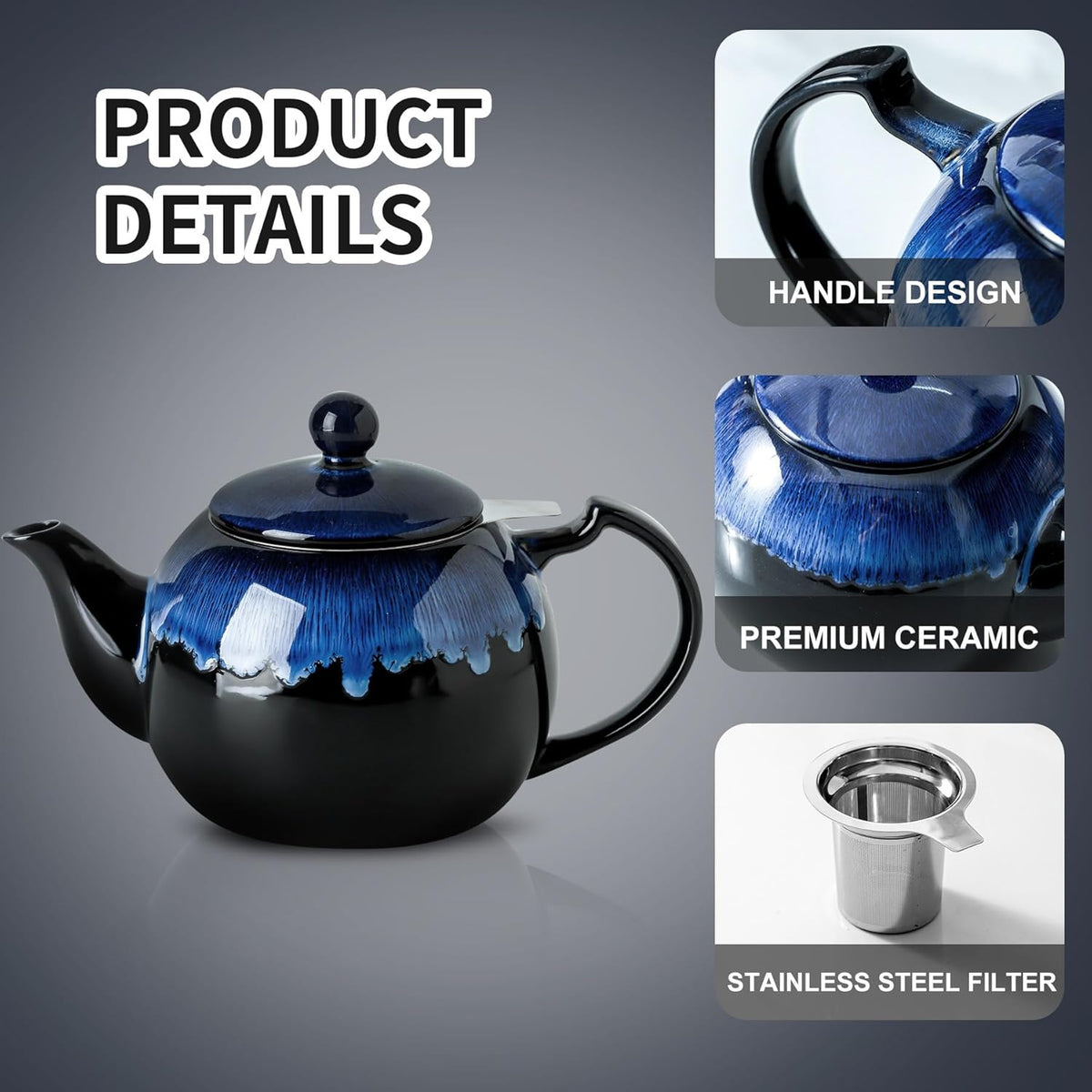 Koov Tea Pot with Infuser for Loose Tea, 34 ounce Ceramic Teapot with Infuser, Enough For 6 Cups, Tea Pots with Tea Strainers for Tea Party